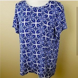 Loft Blue White Printed Short Sleeve Top Size LG